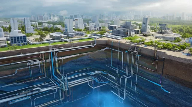 Yeraltındaki mevcut su, gaz ve fiber borularını renkli çizgilerle gösteren ve yeni deplase rotasının çakışmadan geçtiğini belirten 3D altyapı kesit planı