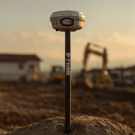 Şantiyede Total Station cihazı ve tablet ile topografik güzergâh ölçümü yapan harita mühendisi